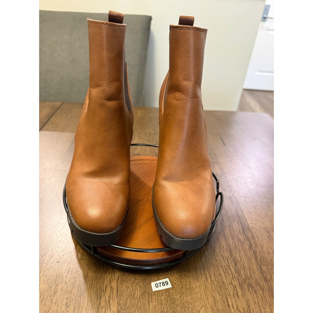 Primark Womens Brown Faux Leather Chunky Block Heel Lug Sole Chelsea Boot Size 8
